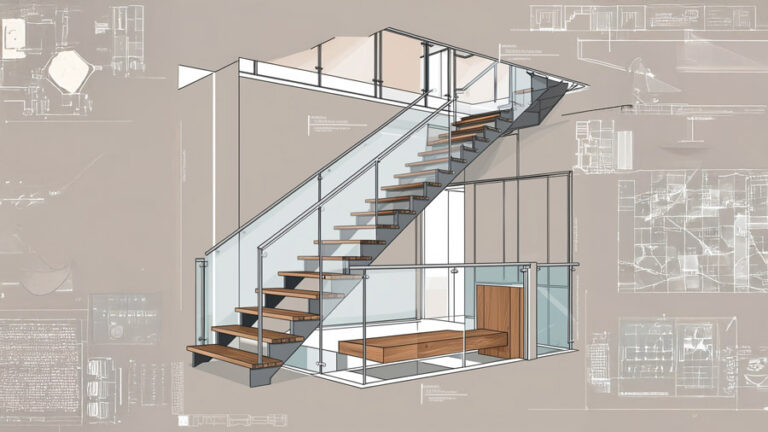 n dessin architectural de style vectoriel représentant un escalier moderne, mettant en avant des matériaux populaires tels que le métal, le bois et le verre. L’illustration présente des lignes propres et précises dans une esthétique professionnelle de plan technique. L’escalier est conçu dans un style contemporain, mélangeant des éléments industriels et naturels, dans un cadre intérieur minimaliste avec des tons neutres. Chaque matériau (structure en métal, marches en bois et garde-corps en verre) est clairement représenté, avec des annotations ou des étiquettes discrètes pour les mettre en valeur. L’arrière-plan est simple, mettant l’accent sur l’escalier, avec un rendu élégant et épuré.