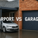A comparative image showcasing a carport and a garage in a typical Nord-Pas-de-Calais setting with weather elements visible.