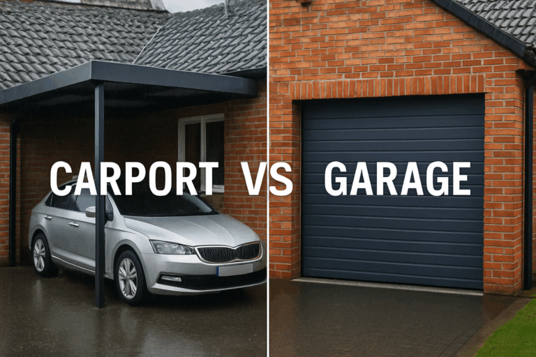 A comparative image showcasing a carport and a garage in a typical Nord-Pas-de-Calais setting with weather elements visible.