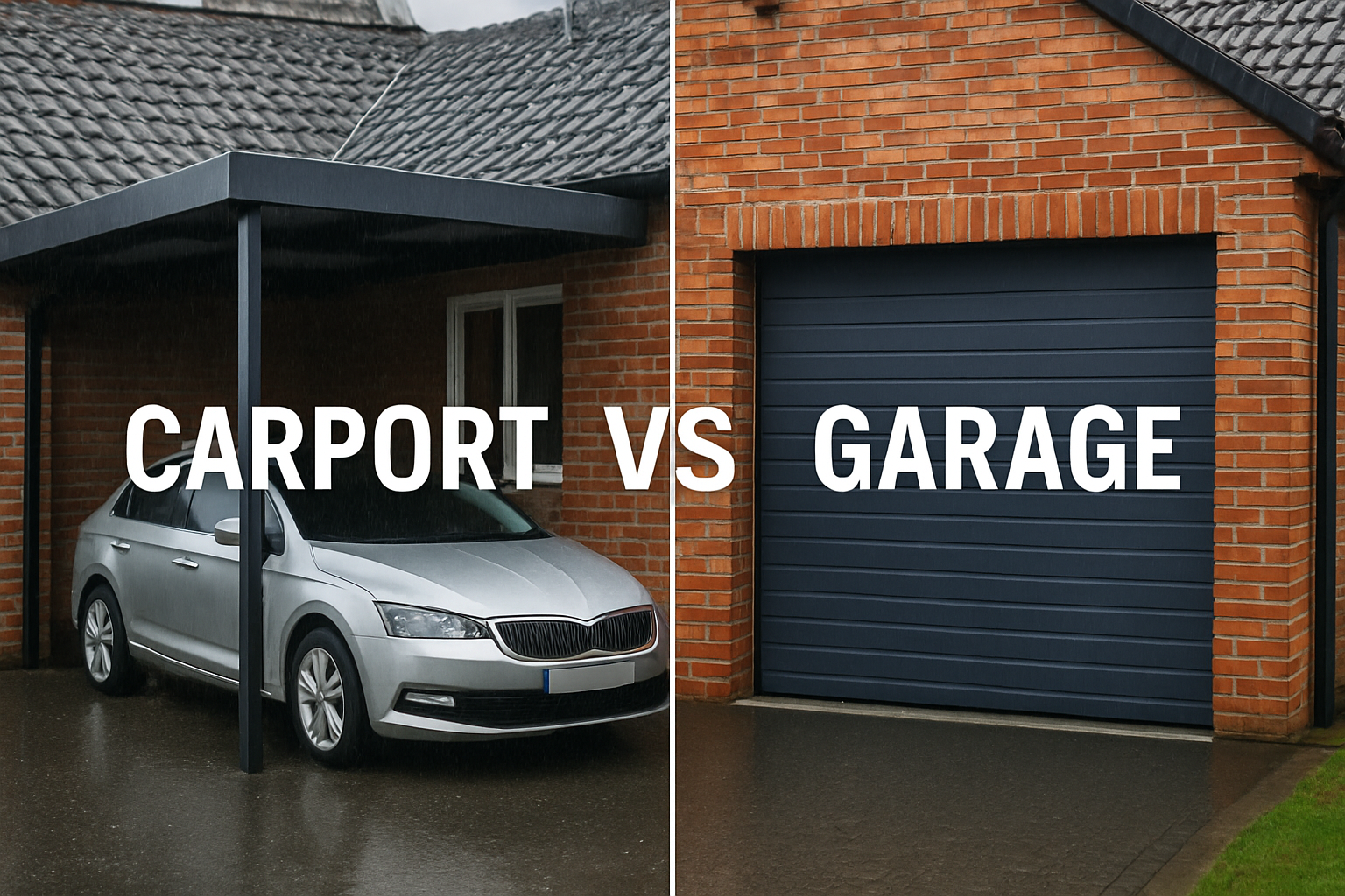 A comparative image showcasing a carport and a garage in a typical Nord-Pas-de-Calais setting with weather elements visible.