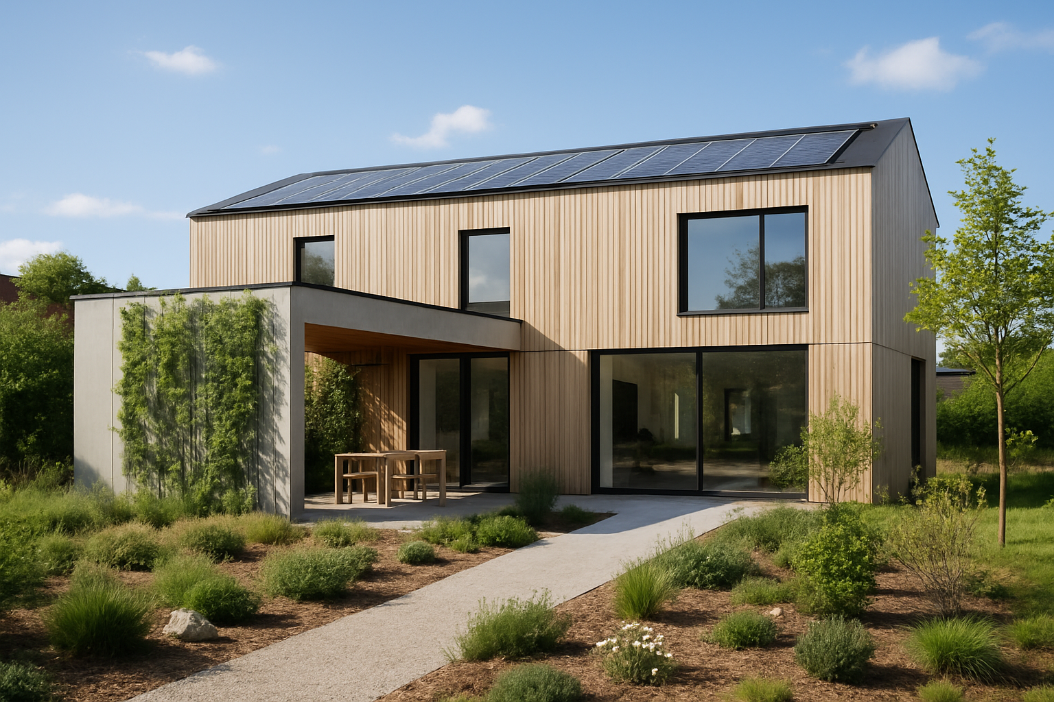Générer une image d'un projet de design moderne et durable intégrant des éléments écologiques et minimalistes, situé en Hauts-de-France.