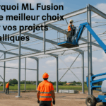 an image of a modern metal structure under construction, with skilled workers on site, set in the region of Hauts-de-France