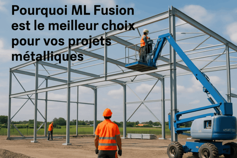 an image of a modern metal structure under construction, with skilled workers on site, set in the region of Hauts-de-France