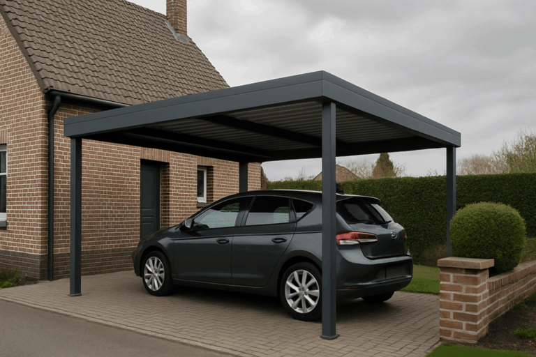 Image d'un carport élégant installé dans une maison du Nord‑Pas‑de‑Calais, avec un ciel couvert.