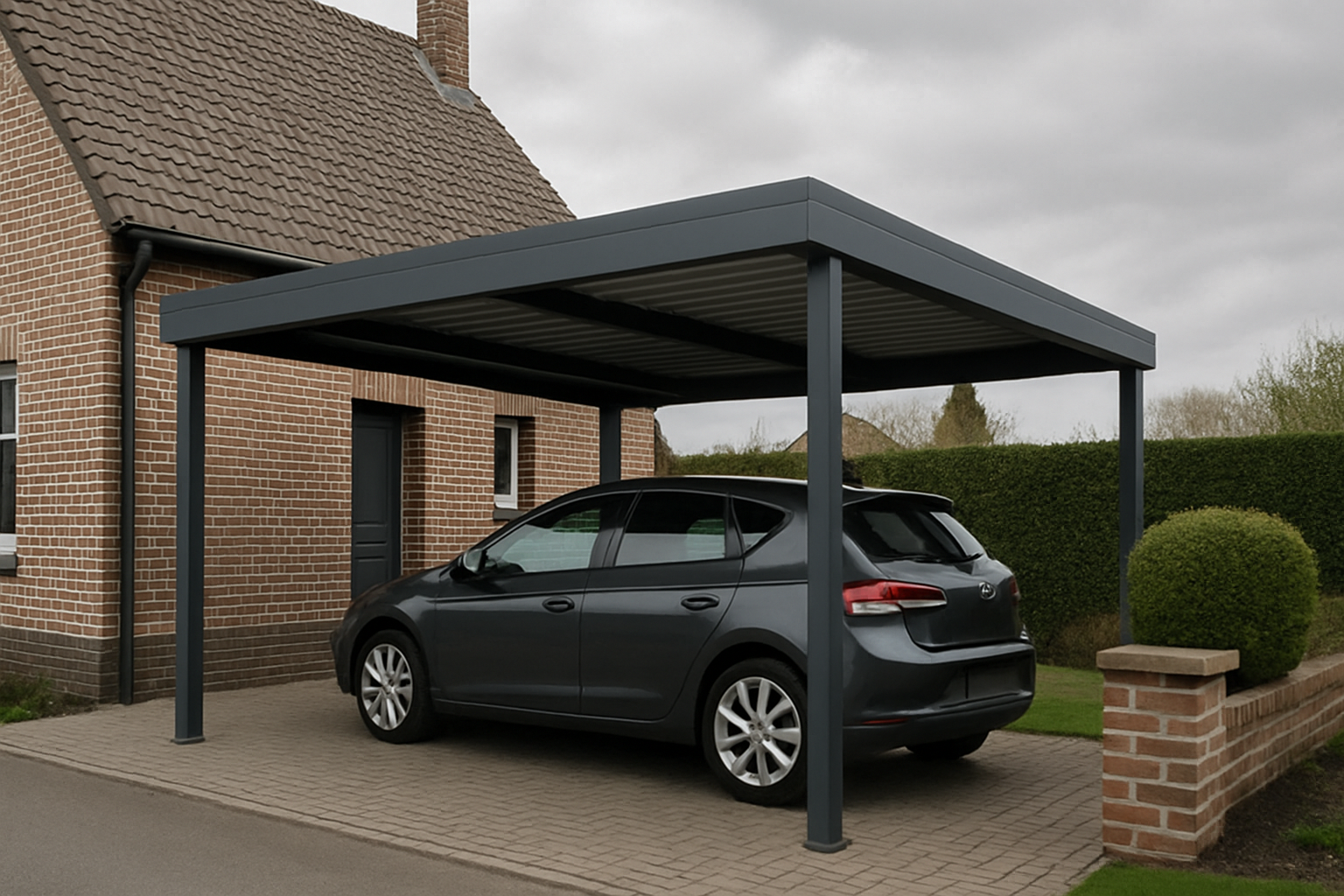 Image d'un carport élégant installé dans une maison du Nord‑Pas‑de‑Calais, avec un ciel couvert.