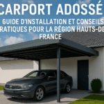 carport installé devant une maison moderne avec fond ciel bleu et nuages
