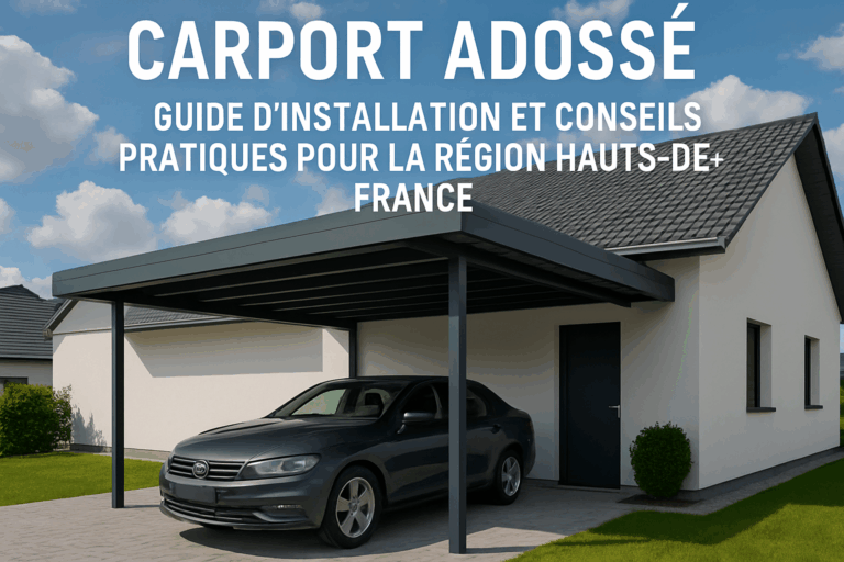 carport installé devant une maison moderne avec fond ciel bleu et nuages