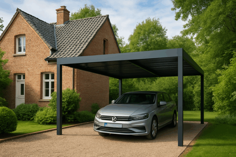 un carport moderne dans une maison typique des Hauts-de-France, entouré de verdure