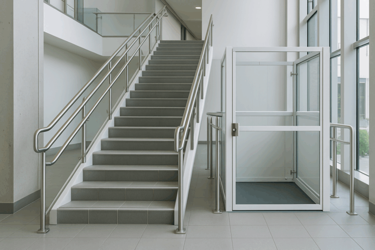 une image représentant un escalier moderne et sécurisé dans un bâtiment de la région Hauts-de-France, conforme aux normes ERP et PMR