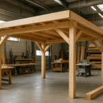 Illustration d'un carport sur mesure en cours de construction dans un atelier moderne, avec des matériaux de qualité apparents.