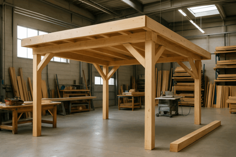 Illustration d'un carport sur mesure en cours de construction dans un atelier moderne, avec des matériaux de qualité apparents.