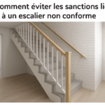 Prompt : Générer une image d'un escalier moderne conforme aux normes de sécurité en intérieur, dans une maison de style Hauts-de-France, avec des aspects de modélisation 3D visible.