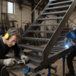 un escalier en métal moderne en cours de fabrication avec des artisans au travail dans un atelier, mettant en avant des équipements de haute précision