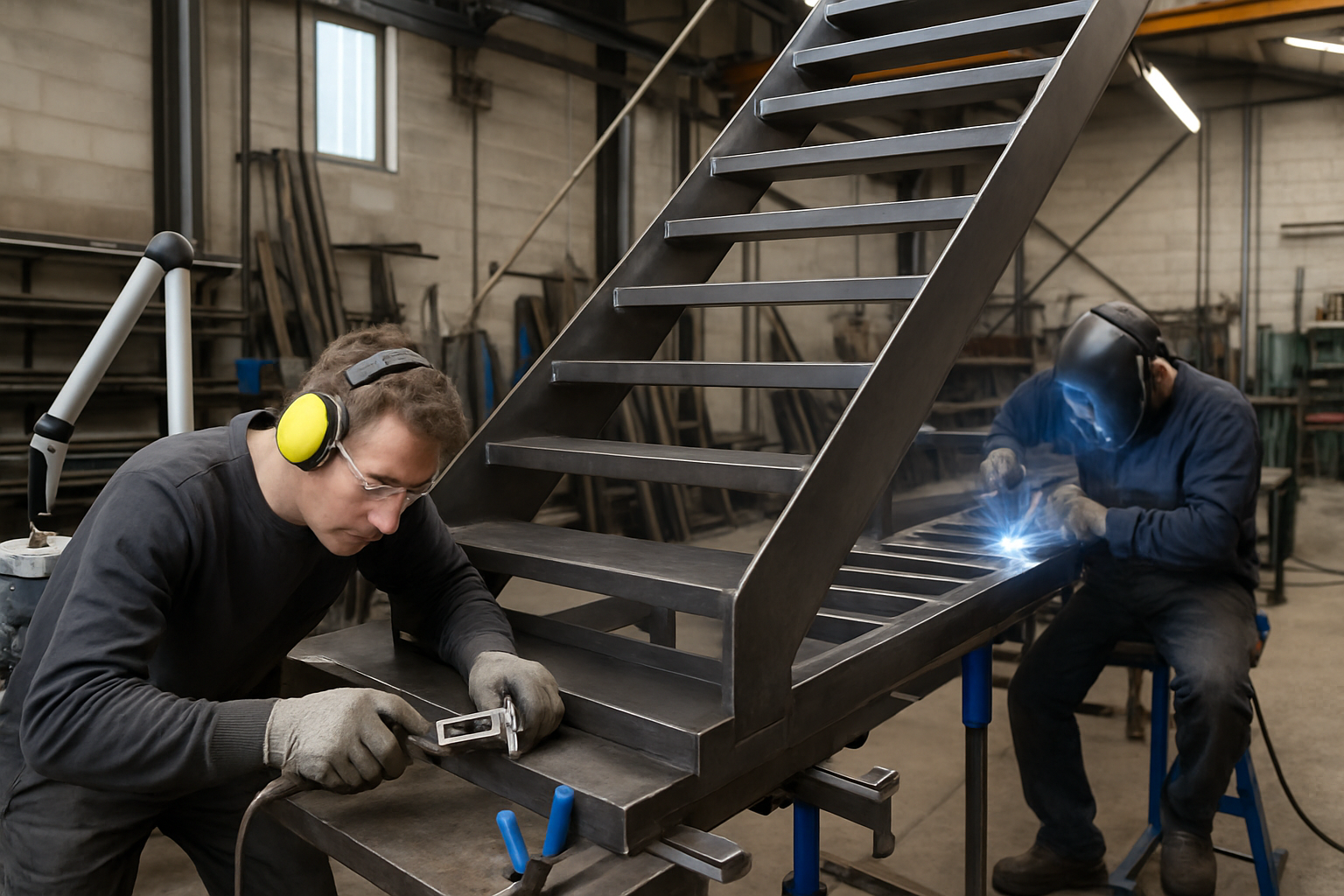 un escalier en métal moderne en cours de fabrication avec des artisans au travail dans un atelier, mettant en avant des équipements de haute précision