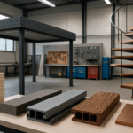 Image représentant un atelier moderne avec divers matériaux innovants utilisés pour la fabrication de carports et escaliers.