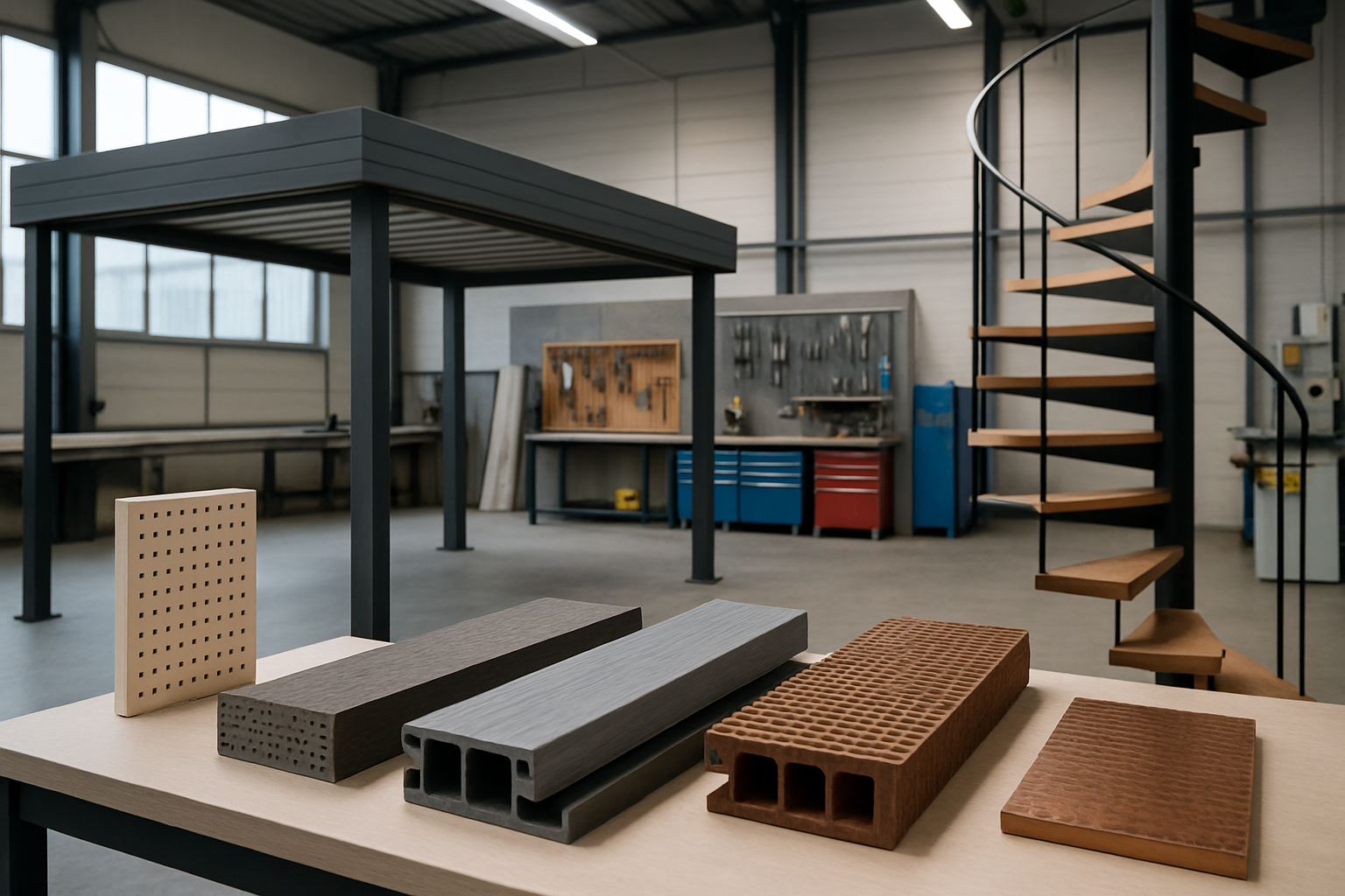 Image représentant un atelier moderne avec divers matériaux innovants utilisés pour la fabrication de carports et escaliers.