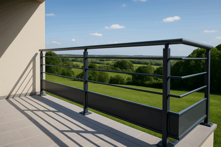 un garde-corps extérieur moderne installé sur un balcon en Hauts-de-France, près d'un paysage verdoyant sous un ciel bleu