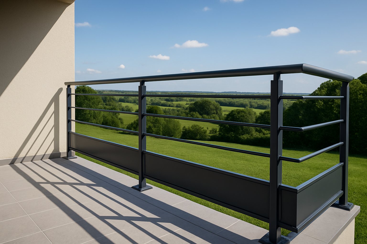 un garde-corps extérieur moderne installé sur un balcon en Hauts-de-France, près d'un paysage verdoyant sous un ciel bleu