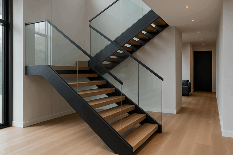 Un escalier moderne et élégant dans un intérieur contemporain, incorporant des matériaux comme le métal, le bois et le verre.