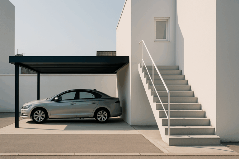 une image minimaliste d'un carport et d'un escalier modernes dans un environnement urbain en Hauts-de-France