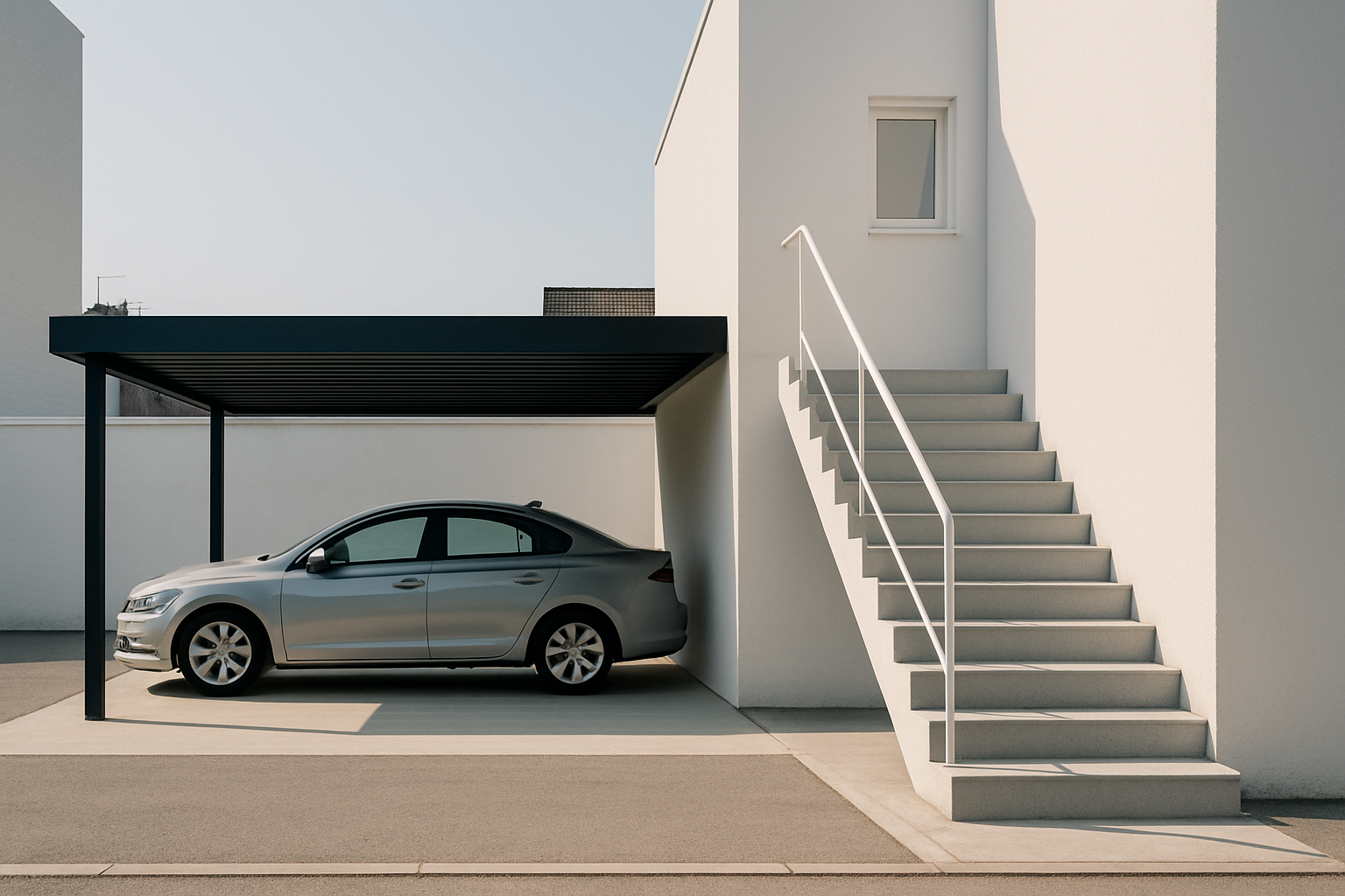 une image minimaliste d'un carport et d'un escalier modernes dans un environnement urbain en Hauts-de-France