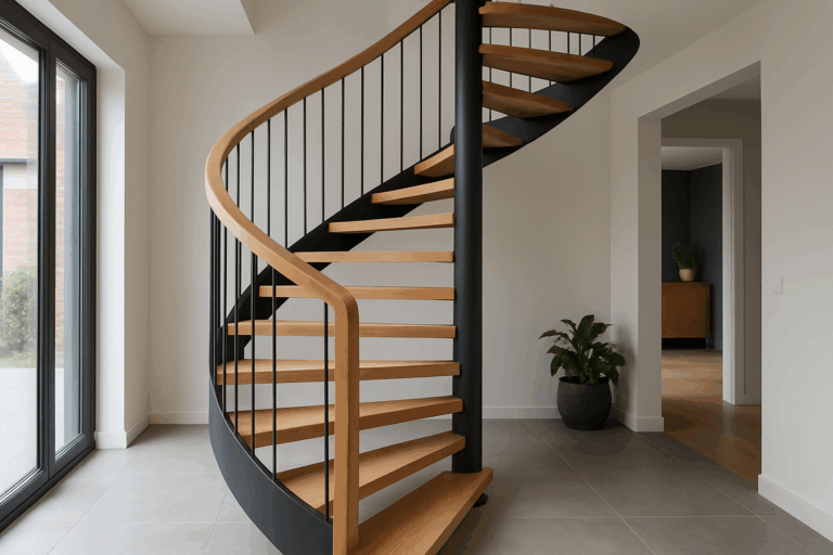 A modern spiral staircase in a stylish home interior, showcasing its elegant design for a Nord-Pas-de-Calais residence.