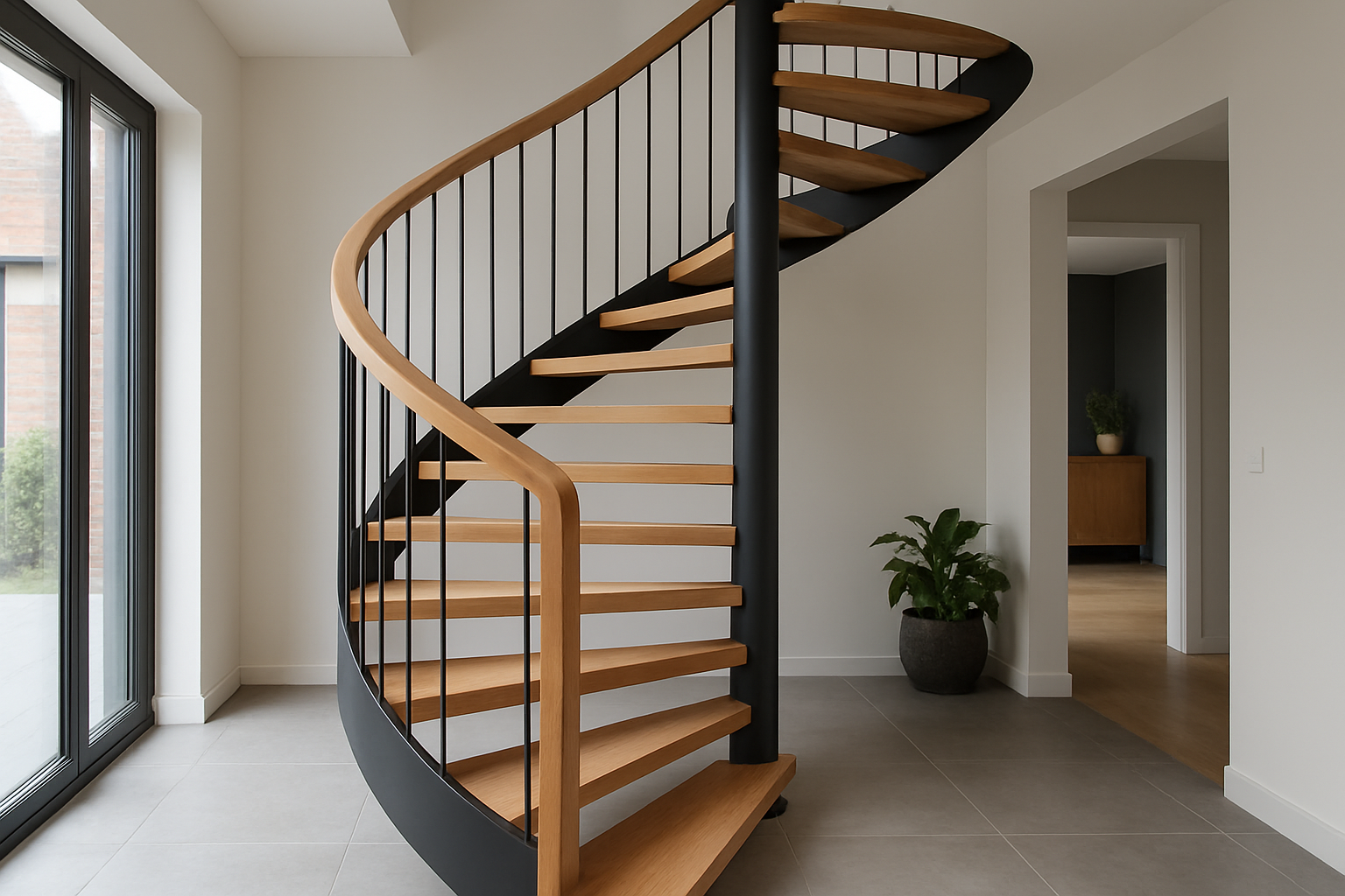 A modern spiral staircase in a stylish home interior, showcasing its elegant design for a Nord-Pas-de-Calais residence.