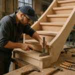 une image montrant un artisan travaillant sur un escalier sur-mesure dans un atelier, avec des outils traditionnels à Lens