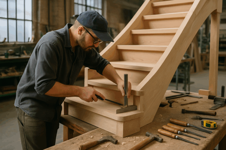 une image montrant un artisan travaillant sur un escalier sur-mesure dans un atelier, avec des outils traditionnels à Lens
