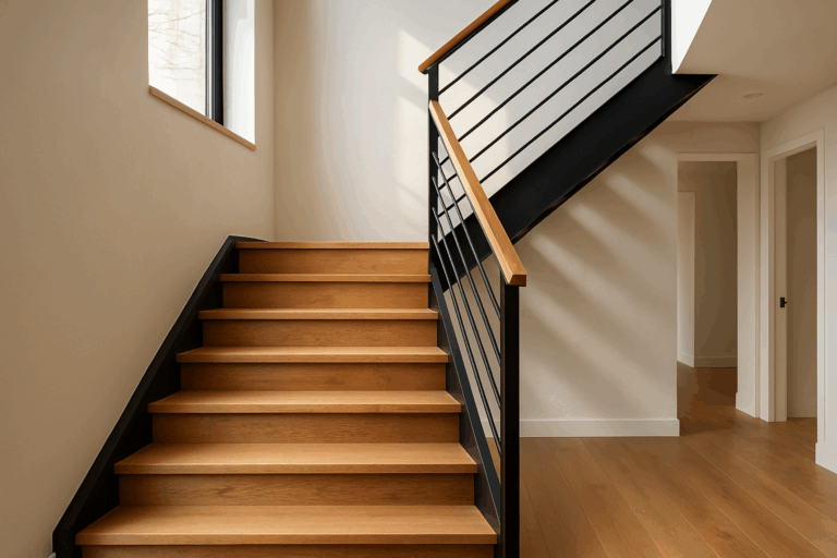 vue intérieure d'une maison moderne avec escalier rénové dans un style contemporain, mettant en valeur des matériaux comme le métal et le bois, éclairée par un éclairage naturel.