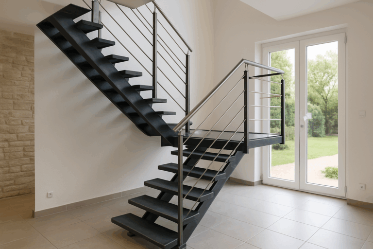 Une image d'un escalier en métal moderne installé dans une maison des Hauts-de-France, mettant en avant le design et la sécurité.