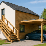 Illustration d'un escalier et d'un carport en matériaux écologiques dans une maison moderne des Hauts-de-France.