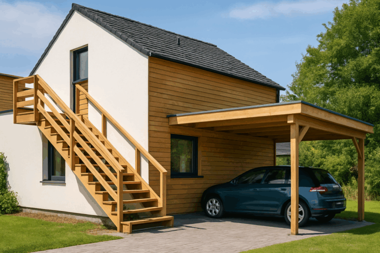 Illustration d'un escalier et d'un carport en matériaux écologiques dans une maison moderne des Hauts-de-France.
