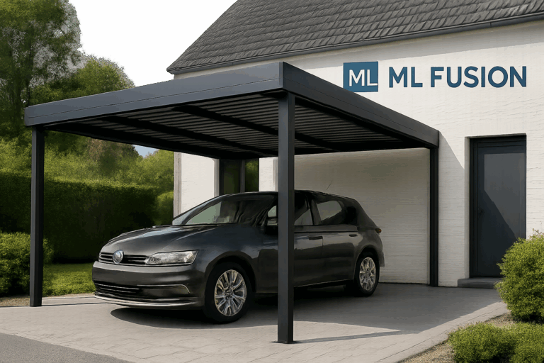 Générer une image d'un carport moderne et élégant dans une demeure située en Hauts-de-France, avec le logo de ML Fusion visible.