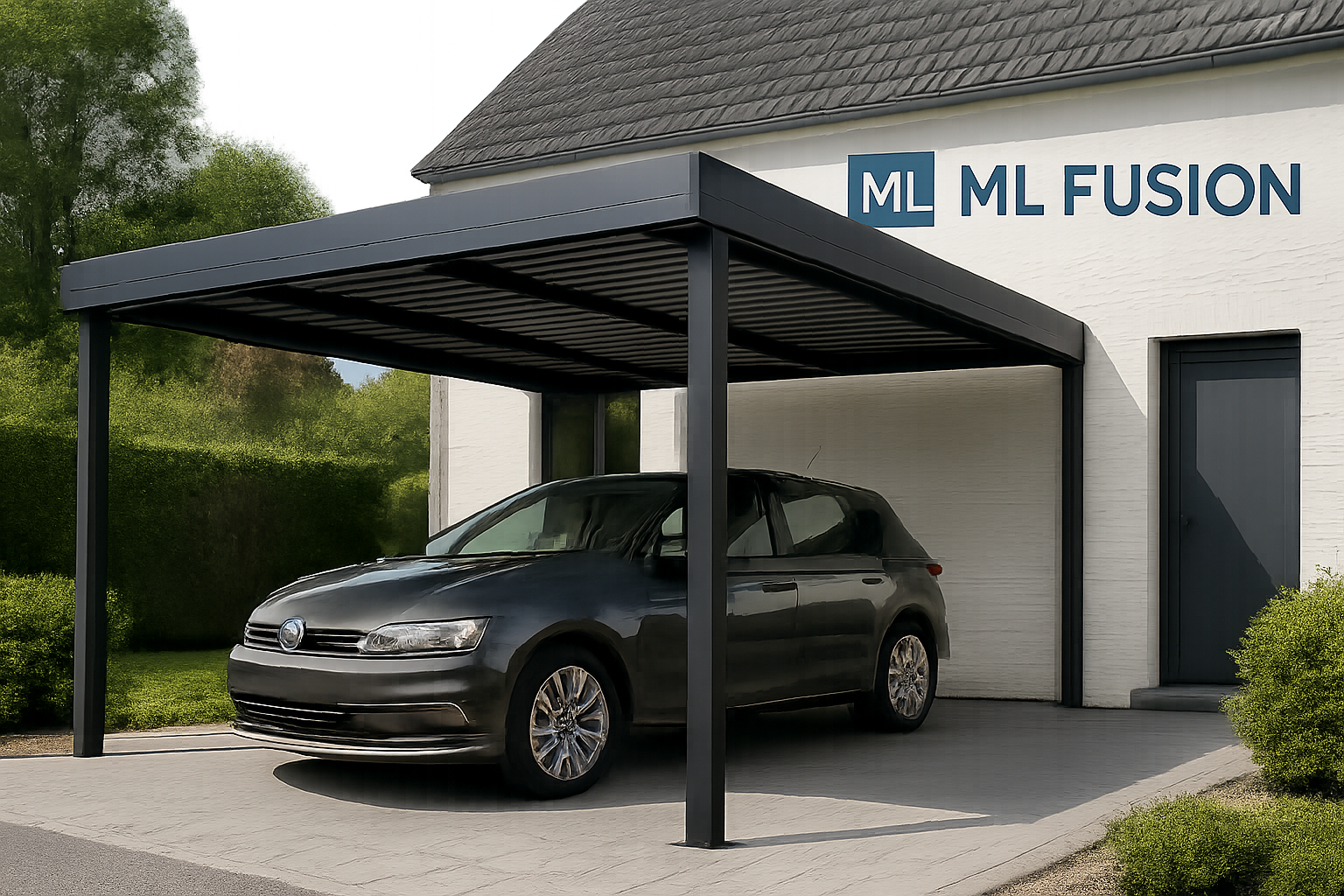 Générer une image d'un carport moderne et élégant dans une demeure située en Hauts-de-France, avec le logo de ML Fusion visible.