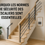 Illustration d'un escalier moderne en Hauts-de-France, conforme aux normes de sécurité, intégré dans un intérieur contemporain.