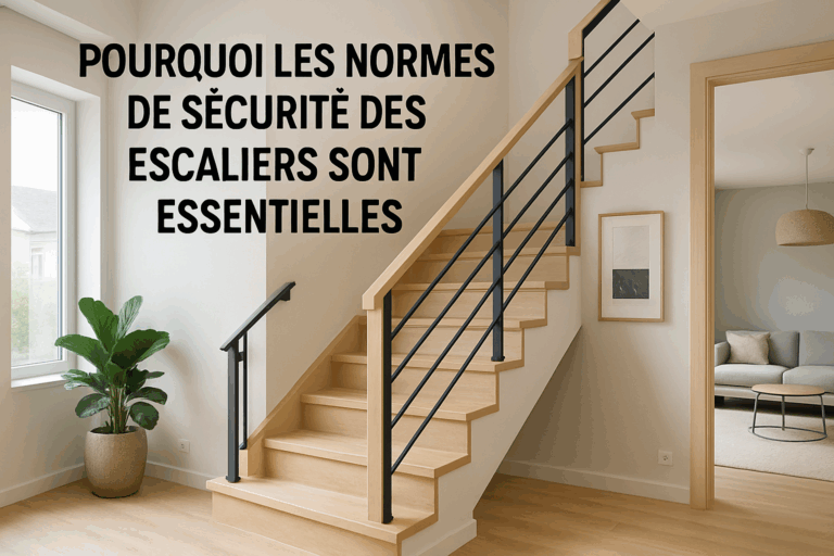 Illustration d'un escalier moderne en Hauts-de-France, conforme aux normes de sécurité, intégré dans un intérieur contemporain.