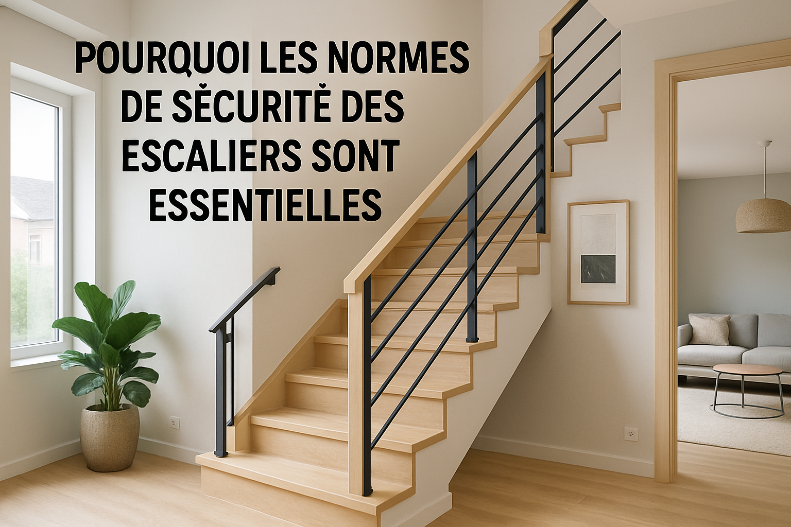 Illustration d'un escalier moderne en Hauts-de-France, conforme aux normes de sécurité, intégré dans un intérieur contemporain.