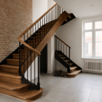 an elegant bespoke staircase installation in a modern home in Lille, capturing the mix of traditional and modern aesthetics
