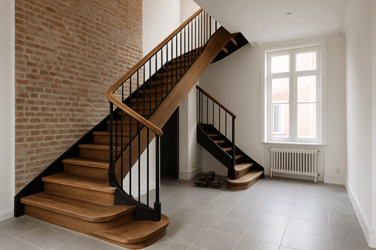 an elegant bespoke staircase installation in a modern home in Lille, capturing the mix of traditional and modern aesthetics
