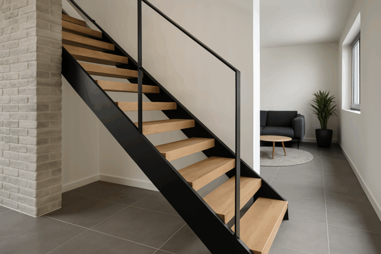 Un escalier sur-mesure moderne, adapté à une maison à Arras, illustrant un savoir-faire artisanal et une intégration harmonieuse dans un intérieur contemporain.