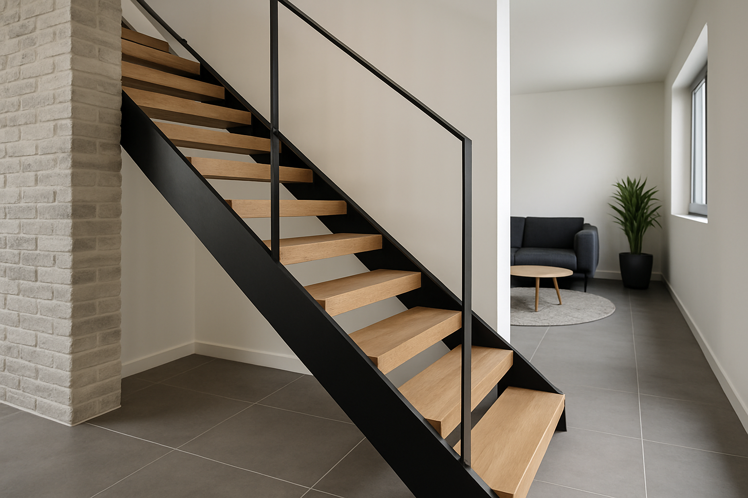 Un escalier sur-mesure moderne, adapté à une maison à Arras, illustrant un savoir-faire artisanal et une intégration harmonieuse dans un intérieur contemporain.