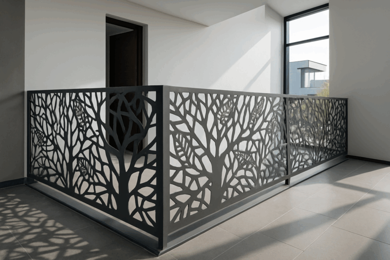 Une image de garde-corps moderne en métal, découpé au laser, intégré dans un espace architectural contemporain.