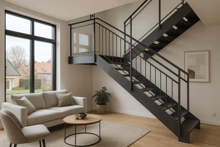 Créer une image d'intérieur moderne avec des garde-corps en métal et en verre, ambiance contemporaine, région Hauts-de-France