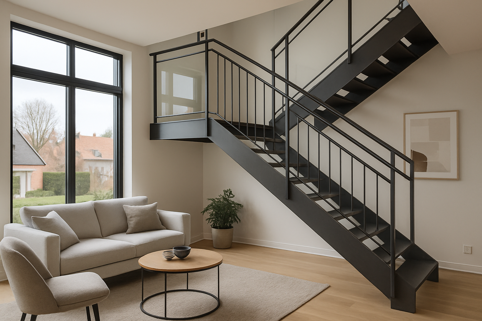 Créer une image d'intérieur moderne avec des garde-corps en métal et en verre, ambiance contemporaine, région Hauts-de-France