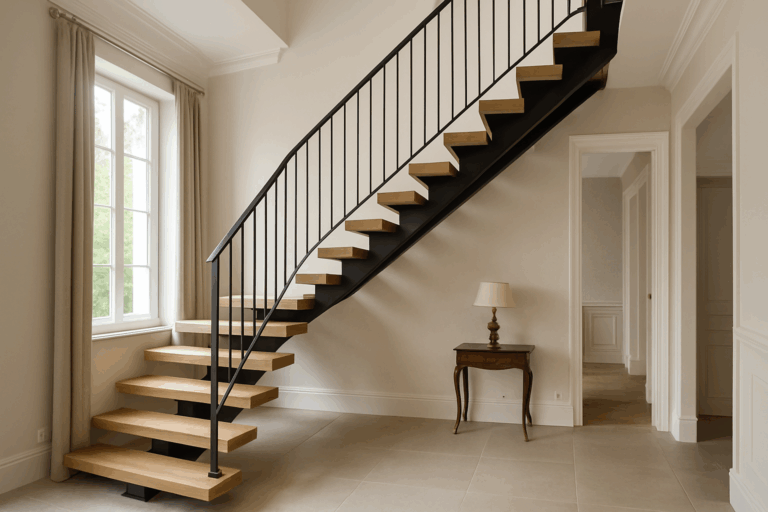une photo d'un escalier moderne et élégant dans une maison calaisienne, reflétant une installation sur mesure dans un intérieur raffiné