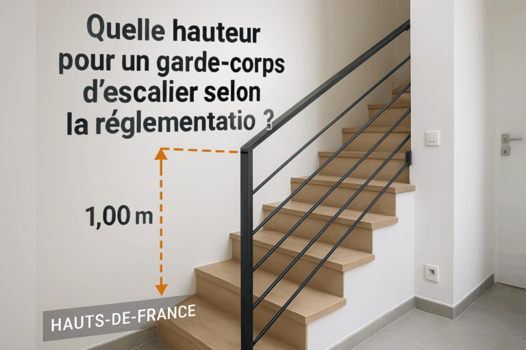 Aguardrail installed on a modern staircase in a French home, highlighting the precise regulatory height, with attention to detail in the Hauts-de-France context.