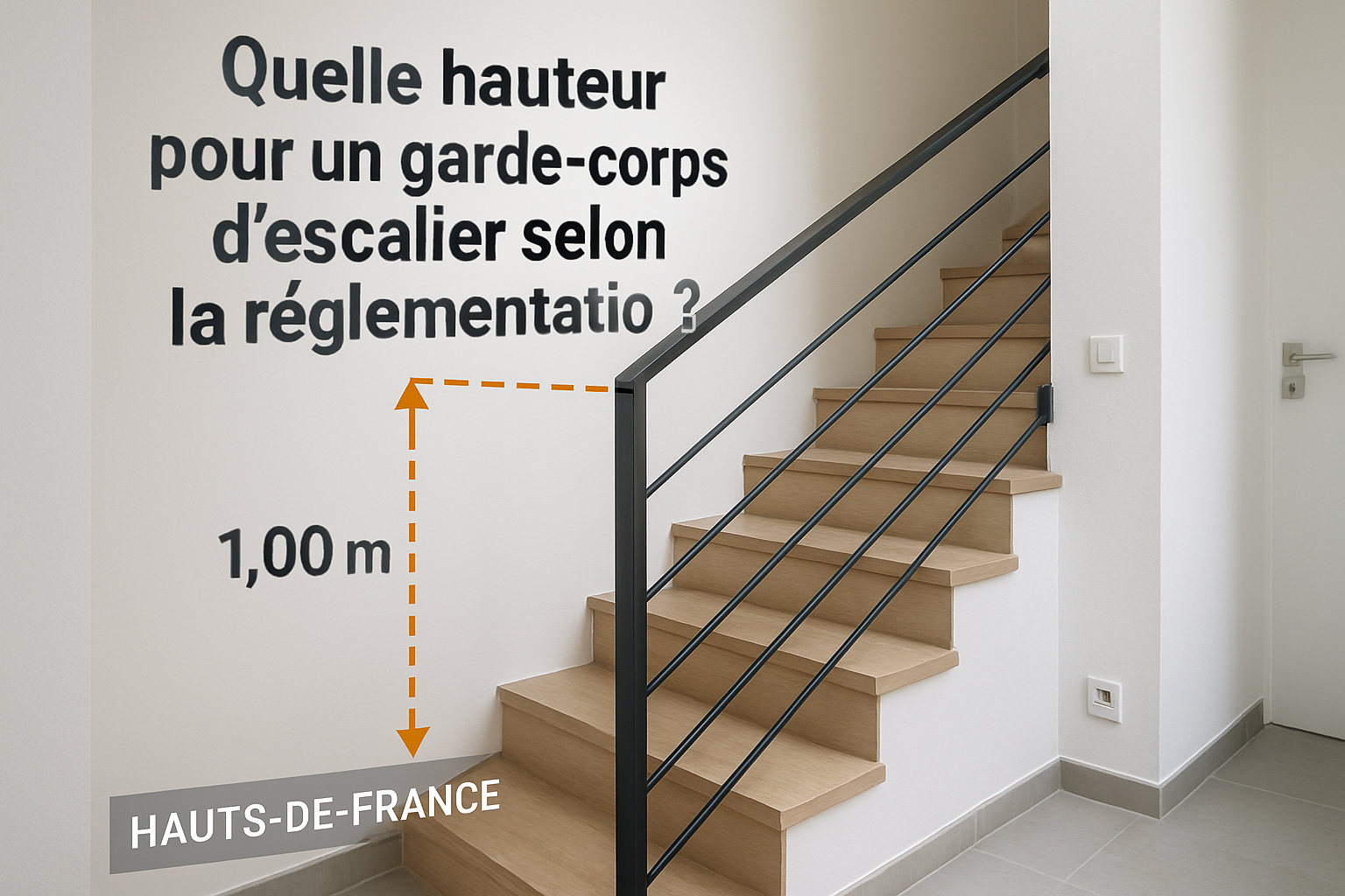 Aguardrail installed on a modern staircase in a French home, highlighting the precise regulatory height, with attention to detail in the Hauts-de-France context.