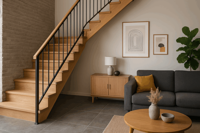 un escalier harmonisé avec un intérieur moderne, en mettant l'accent sur les matériaux et les couleurs qui reflètent le Nord de la France