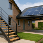 Un escalier moderne en bois et métal à côté d'un carport avec panneaux solaires, dans un environnement de maison rénovée économe en énergie.